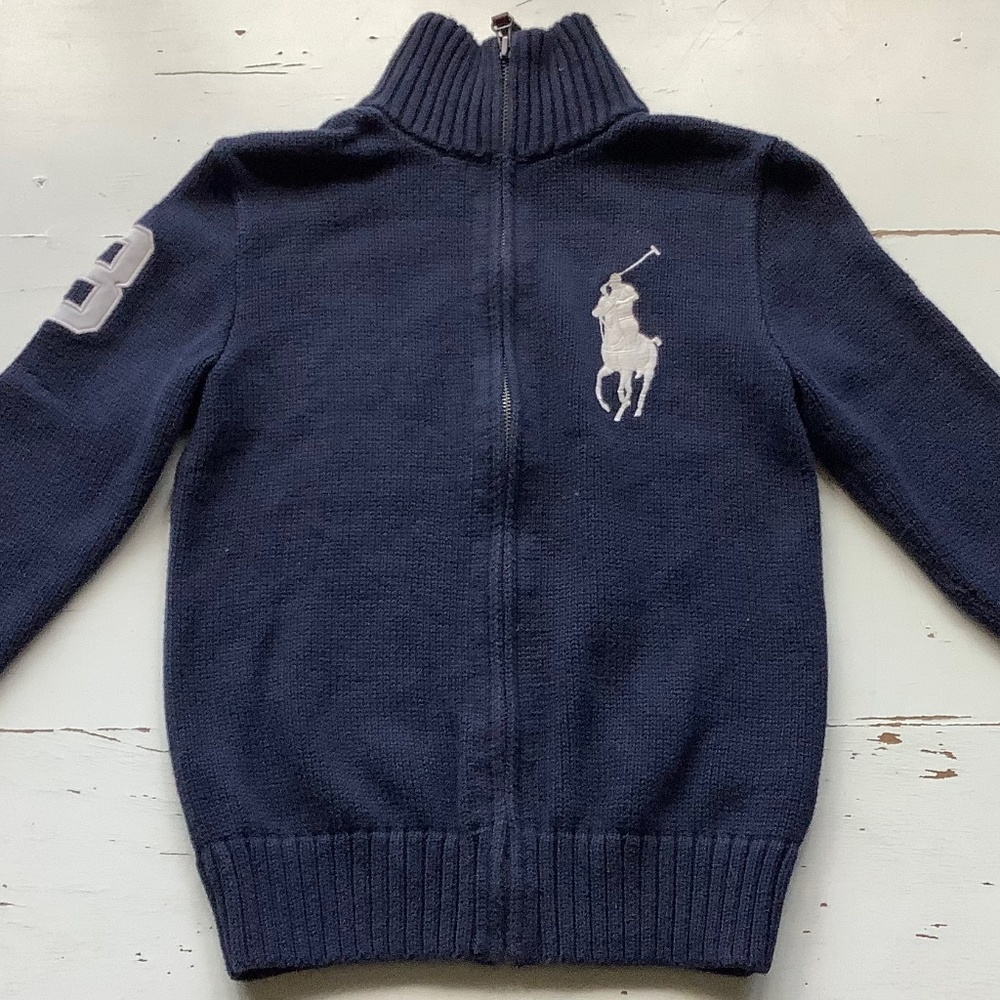 POLO RALPH LAUREN Big Pony Navy Blue Knit Full Zip cotton Cardigan Sweater SZ 8